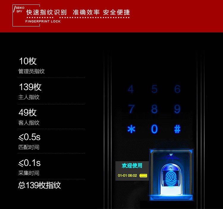 玉蛟龙智能门锁 智能锁防窥视输入、半导体/光学指纹传感器