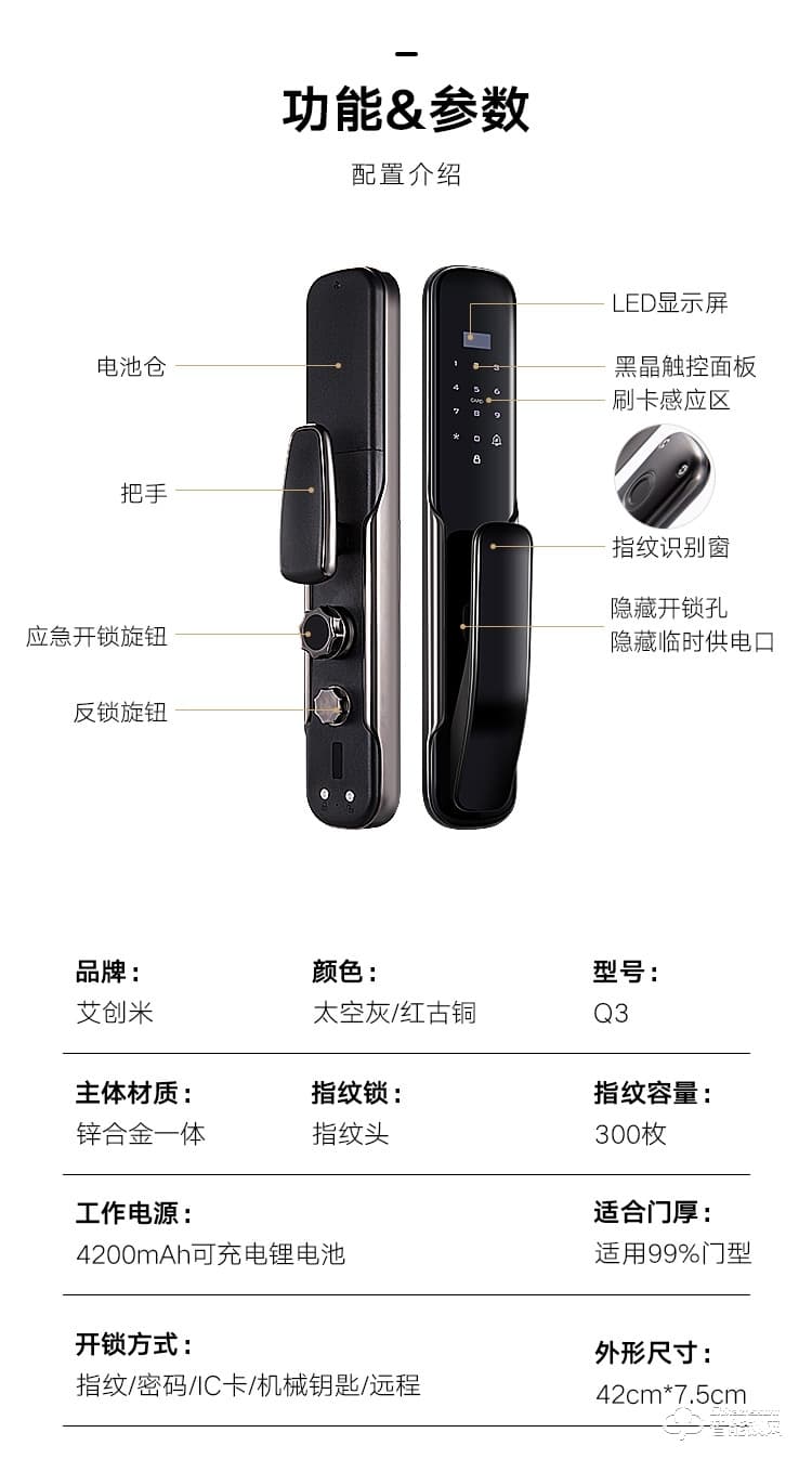 艾创米智能锁 Q3家用防盗门密码锁电子门锁