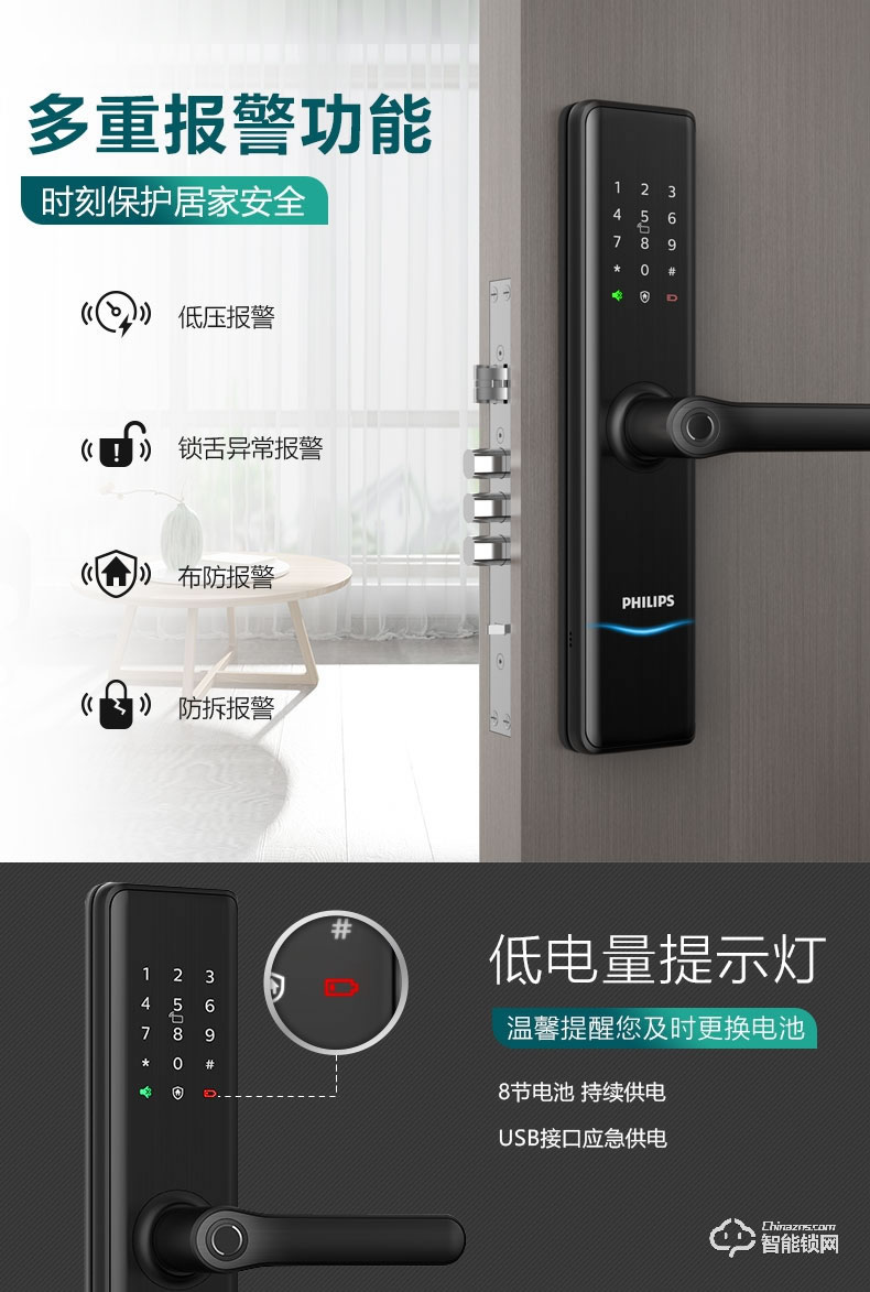 飞利浦智能锁 7300一握即开电子门锁密码锁