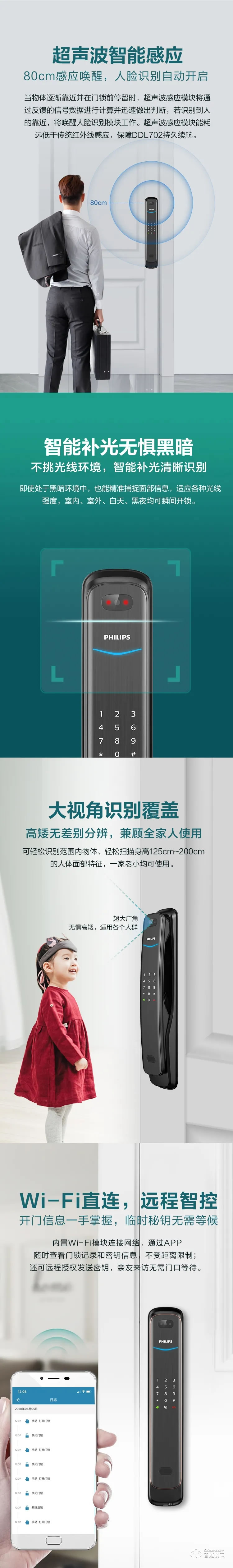 飞利浦智能锁 DDL702家用3D人脸识别全自动智能锁
