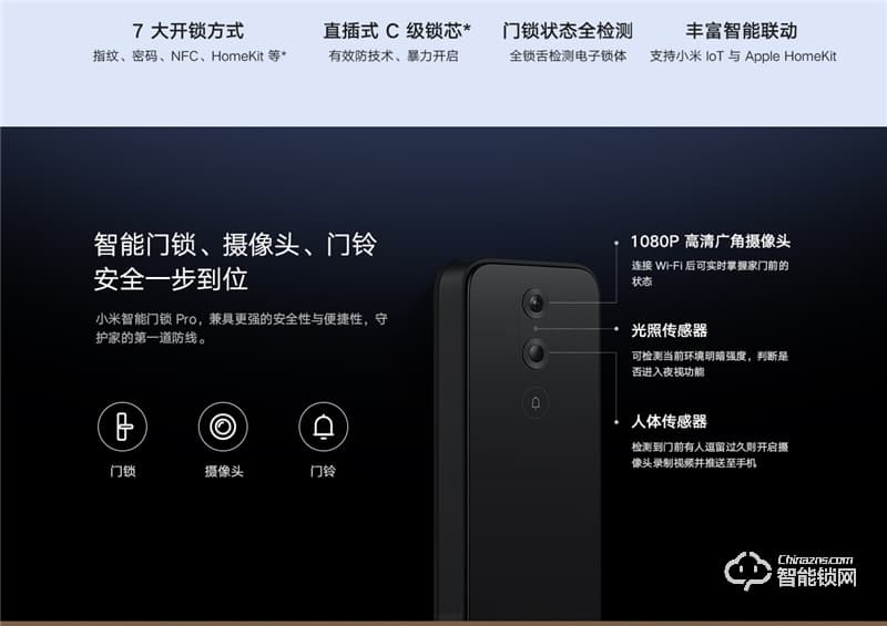 小米智能门锁 Pro碳素黑 高清超广角摄像头